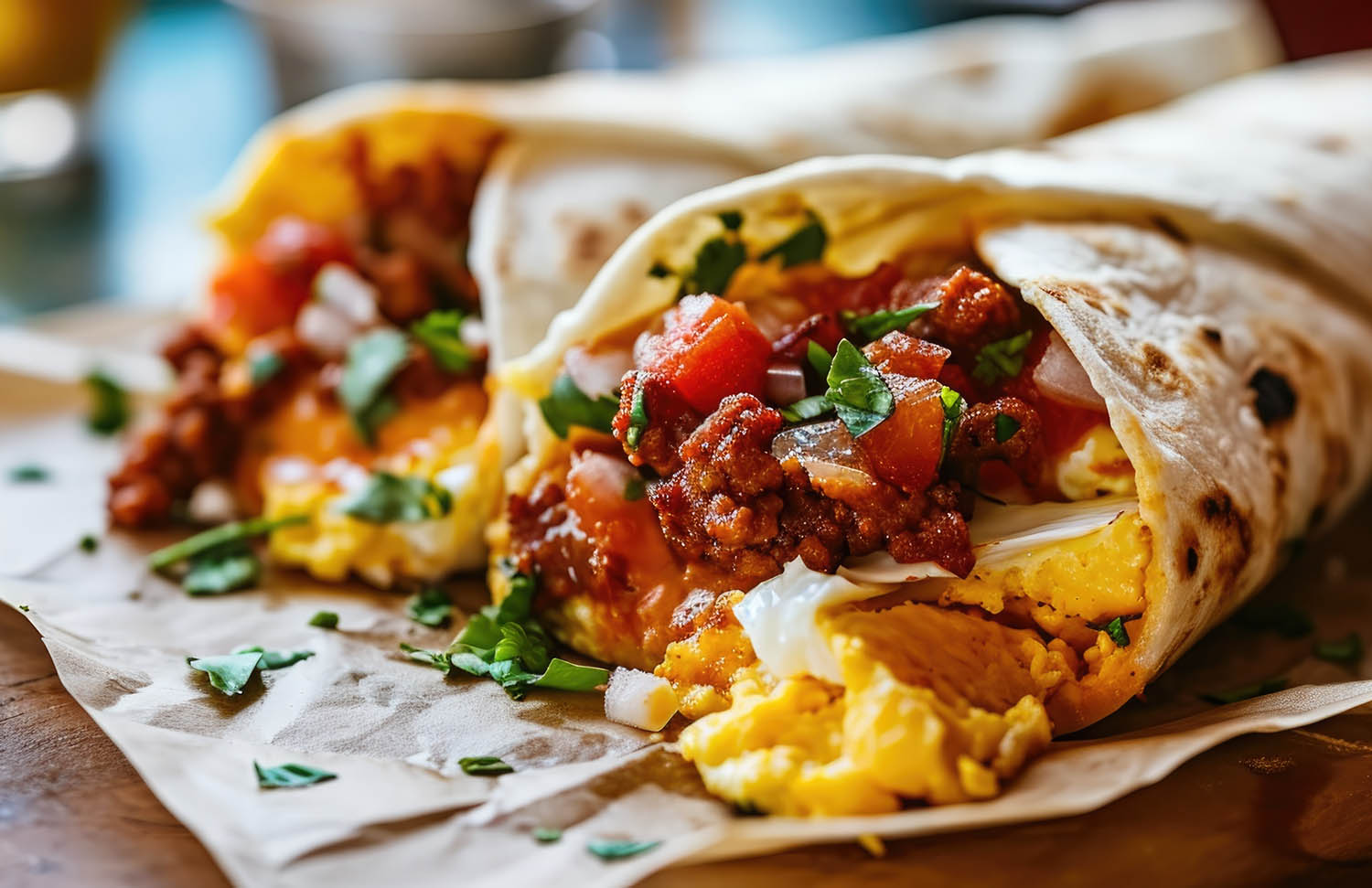 Spicy chorizo and egg in a breakfast burrito